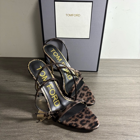 Tom Ford Leopard Print Satin Strappy Heels with Gold Stiletto - Picture 4 of 5